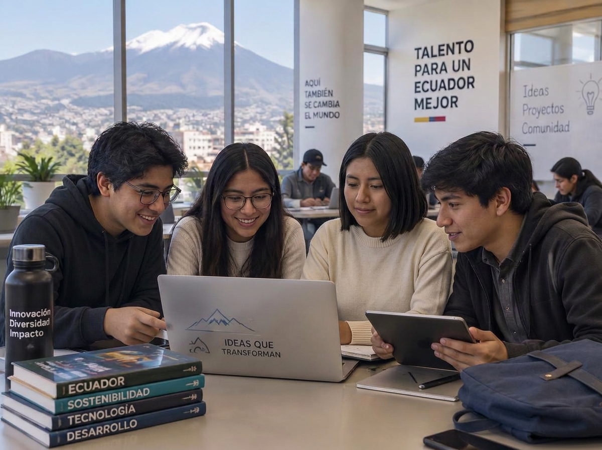 Estudiantes ecuatorianos colaborando en un laboratorio de innovación